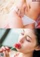 A woman in a white bikini eating a red lollipop.