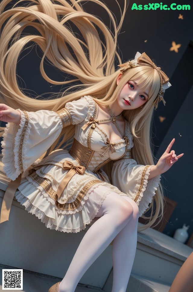 A woman with long blonde hair sitting on a ledge.