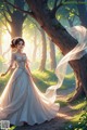 A woman in a wedding dress walking through a forest.