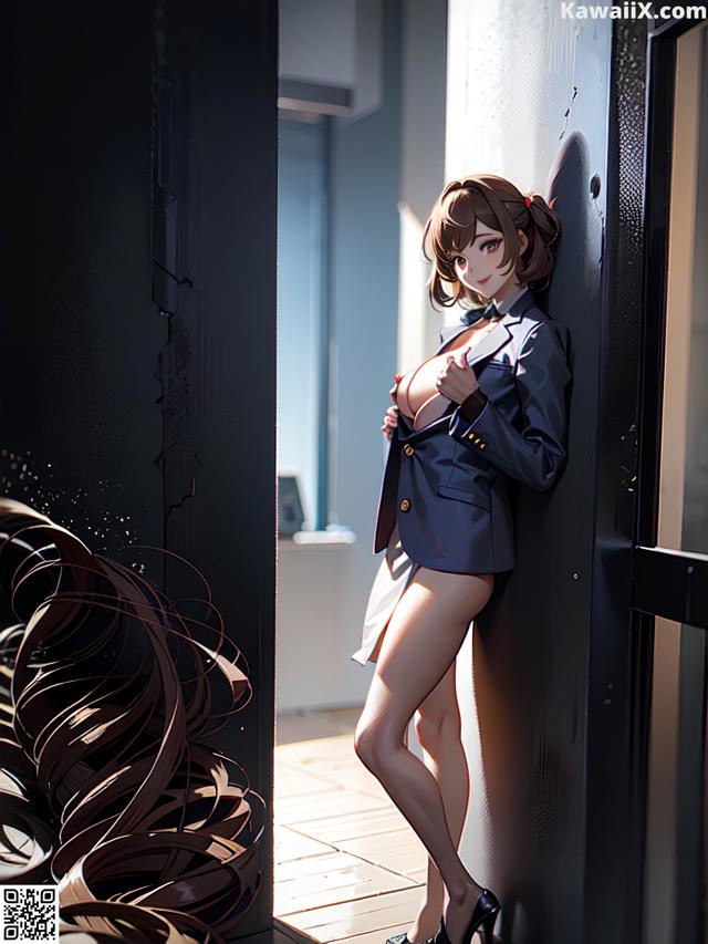 A woman in a blue suit leaning against a wall.