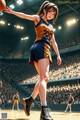 A woman in a blue and yellow uniform shooting a basketball.