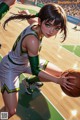 A girl in a green and white uniform holding a basketball.